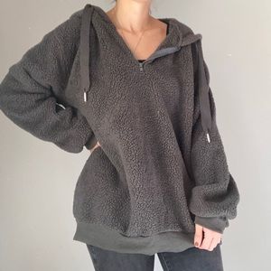 Cozy Dark Gray Sherpa Quarter Zip Hooded Teddy Pullover